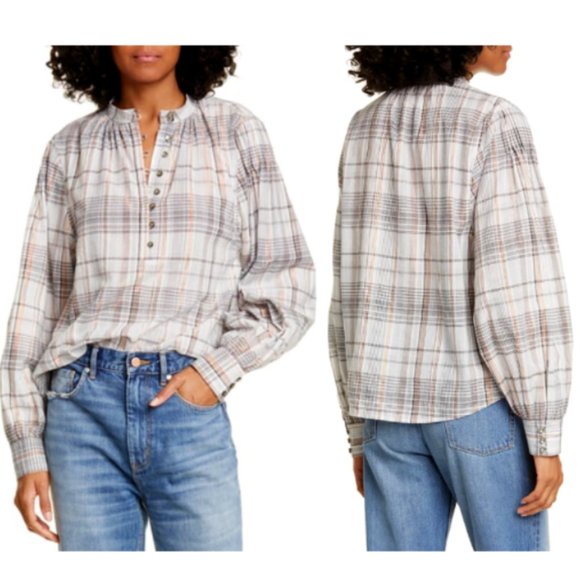 Lavie Rebecca Taylor Tops - La Vie Rebecca Taylor Metallic Lurex Plaid Long Sleeve Top Creamsicle Sz Medium
